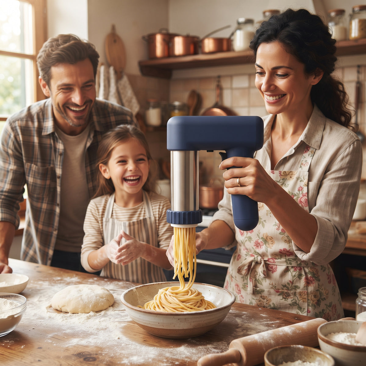Famiglia in cucina mentre prepara la pasta fresca